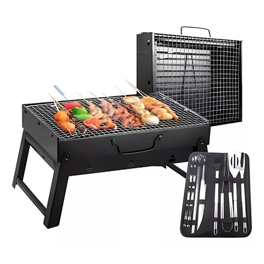 Kit Portátil Mini Parrilla Plegable + 18 Utensilios de Asador