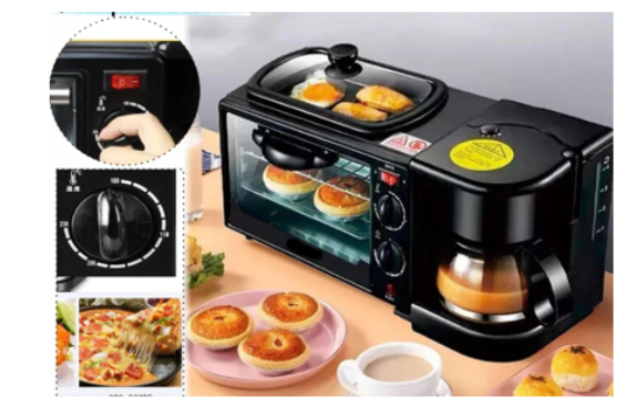 Máquina de Desayuno Multifunción 3 en 1 - Horno Eléctrico, Cafetera y Sartén Integrados