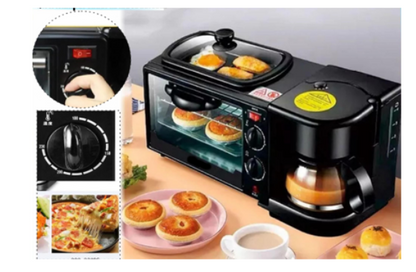 Máquina de Desayuno Multifunción 3 en 1 - Horno Eléctrico, Cafetera y Sartén Integrados